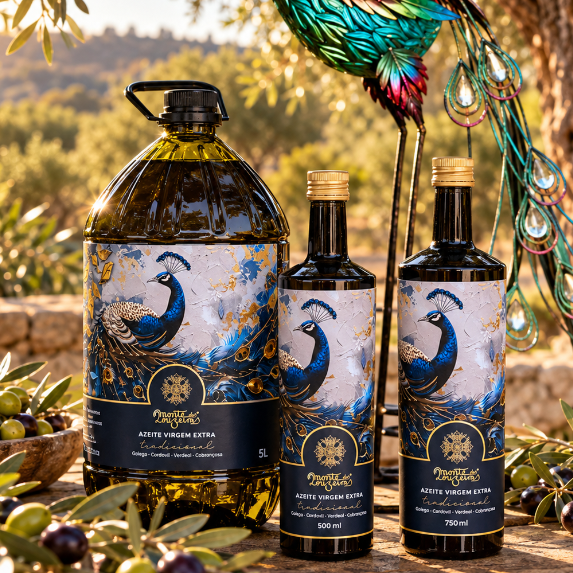 Monte das Louzeiras Traditional Extra Virgin Olive Oil bottles with colourful peacock sculpture in an olive grove in Alentejo, Portugal.